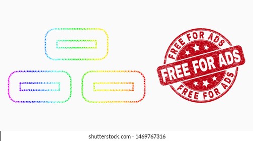 Pixel spectral bricks mosaic pictogram and "Free for Ads" stamp. Red vector round scratched seal with "Free for Ads title". Vector composition in flat style.