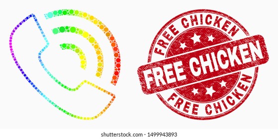 Pixel spectral call phone mosaic icon and Free Chicken seal stamp. Red vector round grunge seal stamp with Free Chicken phrase. Vector composition in flat style.