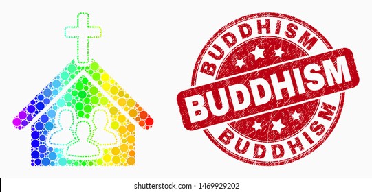 Pixel spectral church people mosaic pictogram and Buddhism stamp. Red vector rounded distress seal stamp with Buddhism caption. Vector combination in flat style.