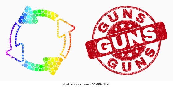 Pixel spectral circulation arrows mosaic pictogram and Guns seal. Red vector round scratched seal stamp with Guns text. Vector composition in flat style.