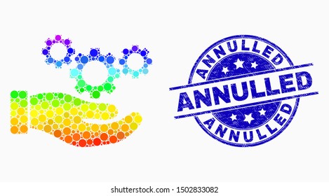 Pixel spectral cogs service hand mosaic pictogram and Annulled seal stamp. Blue vector round distress seal stamp with Annulled text. Vector composition in flat style.