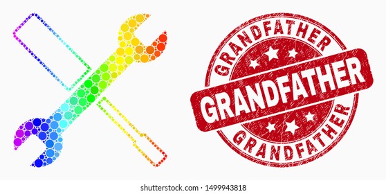 Pixel spectral configuration tools mosaic pictogram and Grandfather seal stamp. Red vector rounded textured seal stamp with Grandfather text. Vector combination in flat style.