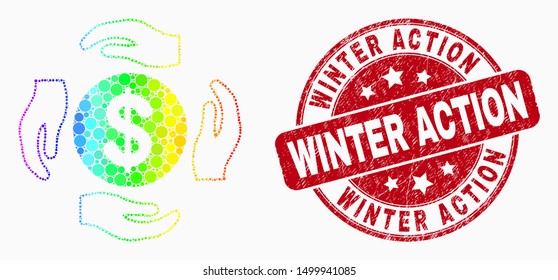 Pixel spectral dollar care hands mosaic icon and Winter Action seal stamp. Red vector round grunge seal with Winter Action text. Vector combination in flat style.