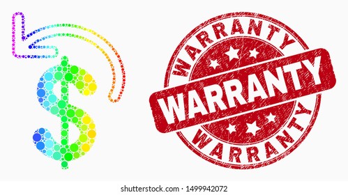 Pixel spectral dollar refund mosaic pictogram and Warranty seal stamp. Red vector rounded grunge seal stamp with Warranty text. Vector composition in flat style.