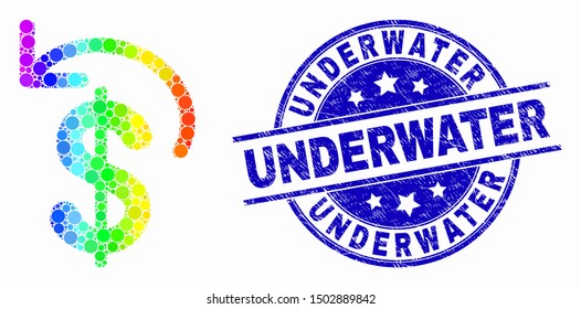 Pixel spectral dollar refund mosaic pictogram and Underwater seal stamp. Blue vector round scratched watermark with Underwater message. Vector combination in flat style.