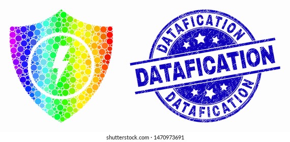 Pixel spectral electric shield mosaic pictogram and Datafication seal stamp. Blue vector round textured seal stamp with Datafication message. Vector combination in flat style.
