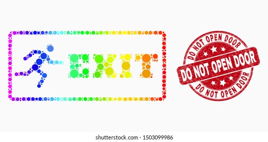 Pixel spectral emergency exit mosaic pictogram and Do Not Open Door seal. Red vector round scratched seal with Do Not Open Door message. Vector combination in flat style.