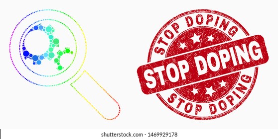 Pixel spectral explore gears mosaic icon and Stop Doping watermark. Red vector round distress watermark with Stop Doping title. Vector combination in flat style.