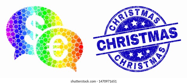 Pixel spectral financial chat mosaic icon and Christmas seal. Blue vector round scratched seal stamp with Christmas phrase. Vector composition in flat style.