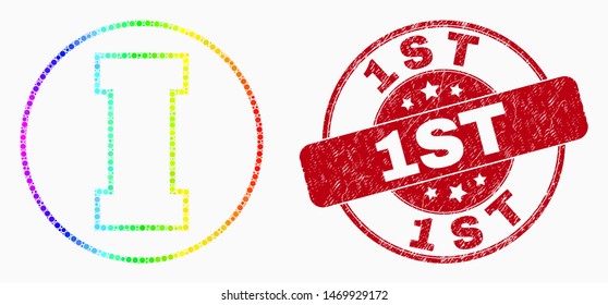 Pixel spectral first mosaic pictogram and 1St stamp. Red vector round distress seal stamp with 1St title. Vector collage in flat style. Colorful gradient first illustration of scattered spheres,