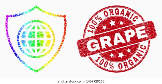 Pixel spectral global shield mosaic pictogram and 100% Organic Grape seal stamp. Red vector round distress seal stamp with 100% Organic Grape caption. Vector collage in flat style.