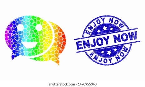 Pixel spectral happy chat mosaic icon and Enjoy Now seal stamp. Blue vector rounded grunge seal stamp with Enjoy Now message. Vector combination in flat style.