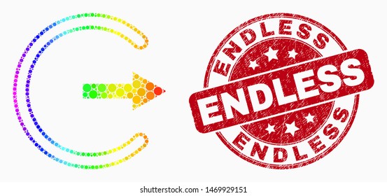 Pixel spectral log out mosaic icon and Endless stamp. Red vector round scratched seal stamp with Endless caption. Vector composition in flat style.