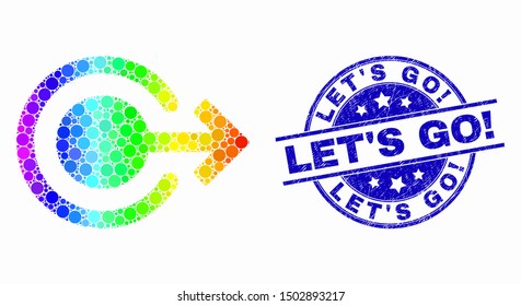 Pixel spectral logout mosaic icon and Let'S Go! stamp. Blue vector rounded textured stamp with Let'S Go! text. Vector composition in flat style. Spectral gradiented logout mosaic of random circles,