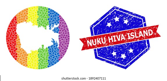 Pixel Spektralkarte der Nuku Hiva Island Collage entworfen mit Kreis und Schablone, und strukturierte Dichtemarke. LGBT-farbige Punkte rund um die leere Karte der Insel Nuku Hiva.