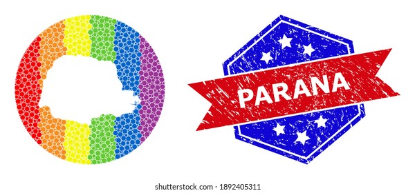 Pixel spectral map of Parana State collage created with circle and hole, and textured stamp. LGBTQ rainbow colored pixels around empty map of Parana State.