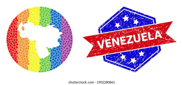Pixel spectral map of Venezuela collage designed with circle and cut out shape, and distress seal stamp. LGBT spectrum colored dots around empty map of Venezuela.