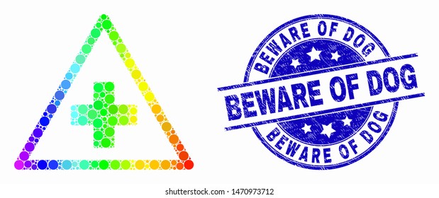 Pixel spectral medical warning triangle mosaic pictogram and Beware of Dog seal stamp. Blue vector rounded grunge seal stamp with Beware of Dog title. Vector collage in flat style.