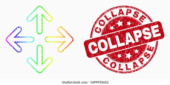 Pixel spectral meeting point arrows mosaic pictogram and Collapse seal stamp. Red vector rounded distress seal with Collapse phrase. Vector composition in flat style.