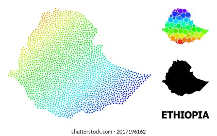 Pixel spectral, and monochrome map of Ethiopia, and black name. Vector structure is created from map of Ethiopia with spheres. Illustration is useful for geographic aims.
