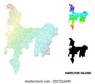 Pixel spectral, and monochrome map of Hamilton Island, and black tag. Vector structure is created from map of Hamilton Island with round dots. Illustration is useful for political purposes.