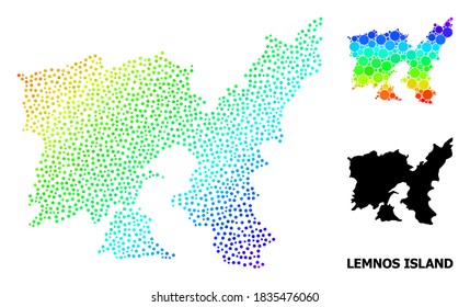Pixel spektrale und monochrome Karte von Lemnos Island, und schwarze Bildunterschrift. Die Vektorstruktur wird aus der Karte der Insel Lemnos mit runden Punkten erstellt. Abstraktion ist für politische Zwecke nützlich.