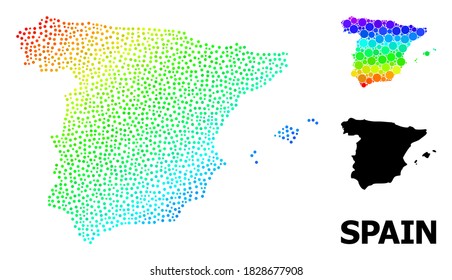 Pixel spectral, and monochrome map of Spain, and black name. Vector structure is created from map of Spain with circles. Abstraction is useful for geographic templates.