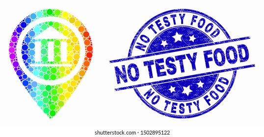 Pixel spectral museum map marker mosaic icon and No Testy Food seal stamp. Blue vector round textured seal stamp with No Testy Food message. Vector composition in flat style.