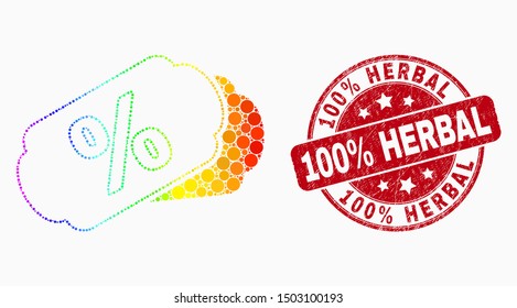 Pixel spectral percent tags mosaic icon and 100 Percent Herbal seal stamp. Red vector round textured seal stamp with 100 Percent Herbal title. Vector combination in flat style.