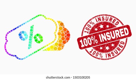 Pixel spectral percent tags mosaic icon and 100 Percent Insured seal stamp. Red vector rounded distress stamp with 100 Percent Insured caption. Vector combination in flat style.
