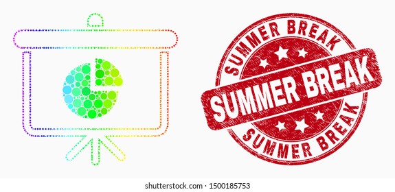 Pixel spectral pie chart demonstration board mosaic pictogram and Summer Break seal. Red vector round textured seal stamp with Summer Break phrase. Vector combination in flat style.