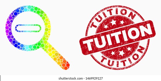 Pixel spectral reduce scale mosaic icon and Tuition watermark. Red vector rounded textured seal stamp with Tuition caption. Vector collage in flat style.