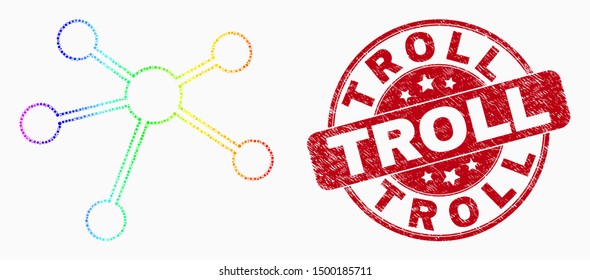 Pixel spectral relation links mosaic pictogram and Troll seal stamp. Red vector rounded textured seal with Troll phrase. Vector collage in flat style.