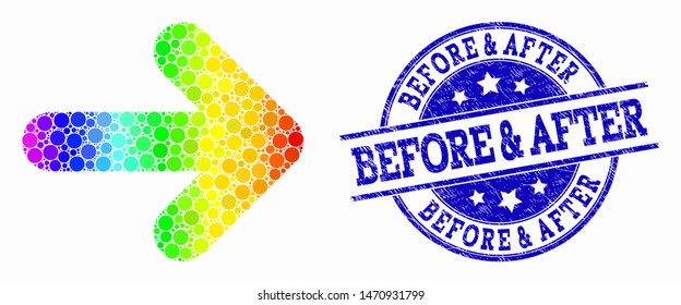 Pixel spectral right direction arrow mosaic pictogram and Before & After seal stamp. Blue vector round distress watermark with Before & After caption. Vector composition in flat style.
