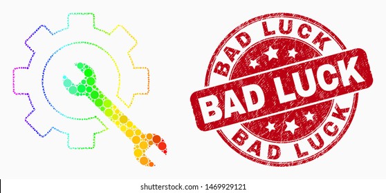 Pixel spectral service tools mosaic icon and Bad Luck watermark. Red vector round grunge seal stamp with Bad Luck title. Vector collage in flat style.