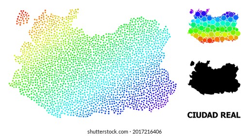 Pixel spectral, and solid map of Ciudad Real Province, and black tag. Vector model is created from map of Ciudad Real Province with round dots. Illustration is useful for geographic templates.