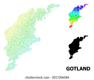 Pixel Spectral, And Solid Map Of Gotland Island, And Black Name. Vector Structure Is Created From Map Of Gotland Island With Circles. Illustration Is Useful For Political Ads.