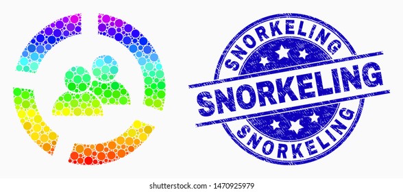 Pixel spectral users diagram mosaic icon and Snorkeling seal stamp. Blue vector round distress seal stamp with Snorkeling title. Vector composition in flat style.