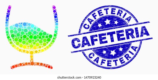 Pixel spectral white wine glass mosaic pictogram and Cafeteria seal stamp. Blue vector round distress seal with Cafeteria caption. Vector collage in flat style.