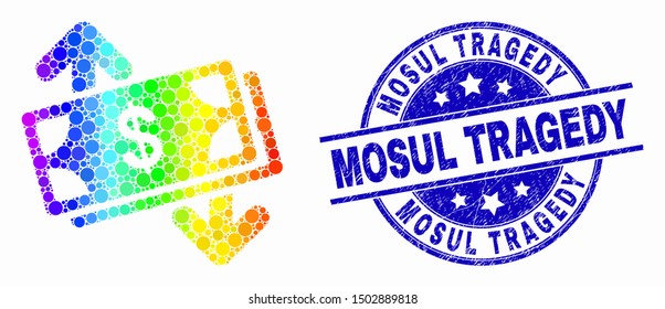 Pixel spectrum banknotes exchange arrows mosaic icon and Mosul Tragedy seal stamp. Blue vector round scratched stamp with Mosul Tragedy title. Vector composition in flat style.