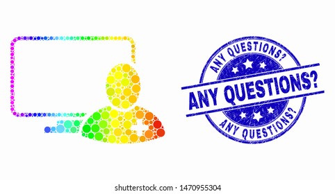 Pixel spectrum computer doctor mosaic pictogram and Any Questions? stamp. Blue vector rounded scratched seal with Any Questions? title. Vector composition in flat style.