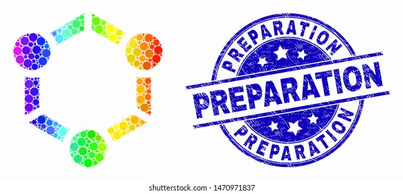 Pixel spectrum cooperation mosaic icon and Preparation watermark. Blue vector round textured watermark with Preparation caption. Vector composition in flat style.