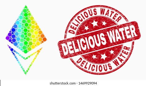 Pixel spectrum crystal mosaic icon and Delicious Water seal. Red vector rounded grunge seal with Delicious Water message. Vector composition in flat style.