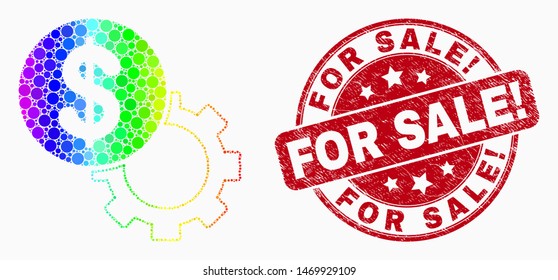Pixel spectrum dollar setup gear mosaic icon and For Sale! seal stamp. Red vector rounded scratched seal stamp with For Sale! caption. Vector combination in flat style.