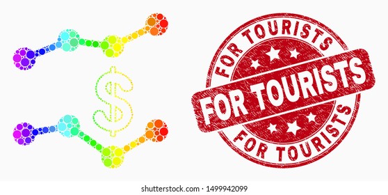 Pixel spectrum dollar trend charts mosaic icon and For Tourists seal stamp. Red vector round distress stamp with For Tourists caption. Vector collage in flat style.