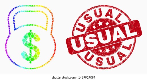 Pixel spectrum dollar weight mosaic pictogram and Usual stamp. Red vector rounded grunge seal with Usual message. Vector collage in flat style.