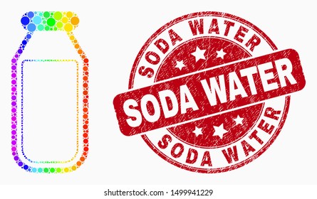 Pixel spectrum drinking bottle mosaic pictogram and Soda Water seal stamp. Red vector round textured seal stamp with Soda Water caption. Vector combination in flat style.