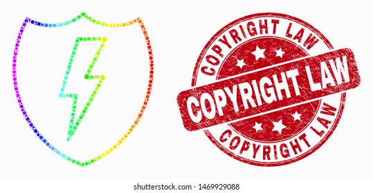 Pixel spectrum electric shield mosaic pictogram and Copyright Law seal stamp. Red vector rounded textured seal stamp with Copyright Law phrase. Vector composition in flat style.