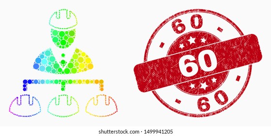 Pixel spectrum engineer hierarchy mosaic icon and 60 stamp. Red vector round grunge seal stamp with 60 phrase. Vector collage in flat style.