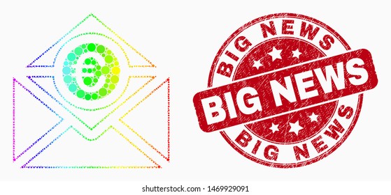 Pixel Spectrum Euro Mail Mosaic Pictogram And Big News Seal Stamp. Red Vector Rounded Textured Seal Stamp With Big News Title. Vector Collage In Flat Style.